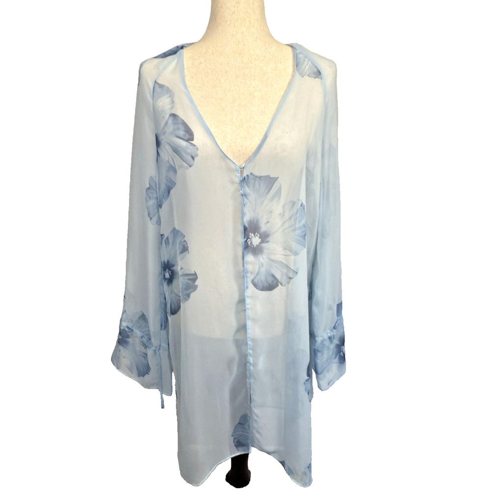 Anne Klein Blue Floral Chiffon Sheer Robe Maternity Bridal Shoots MED